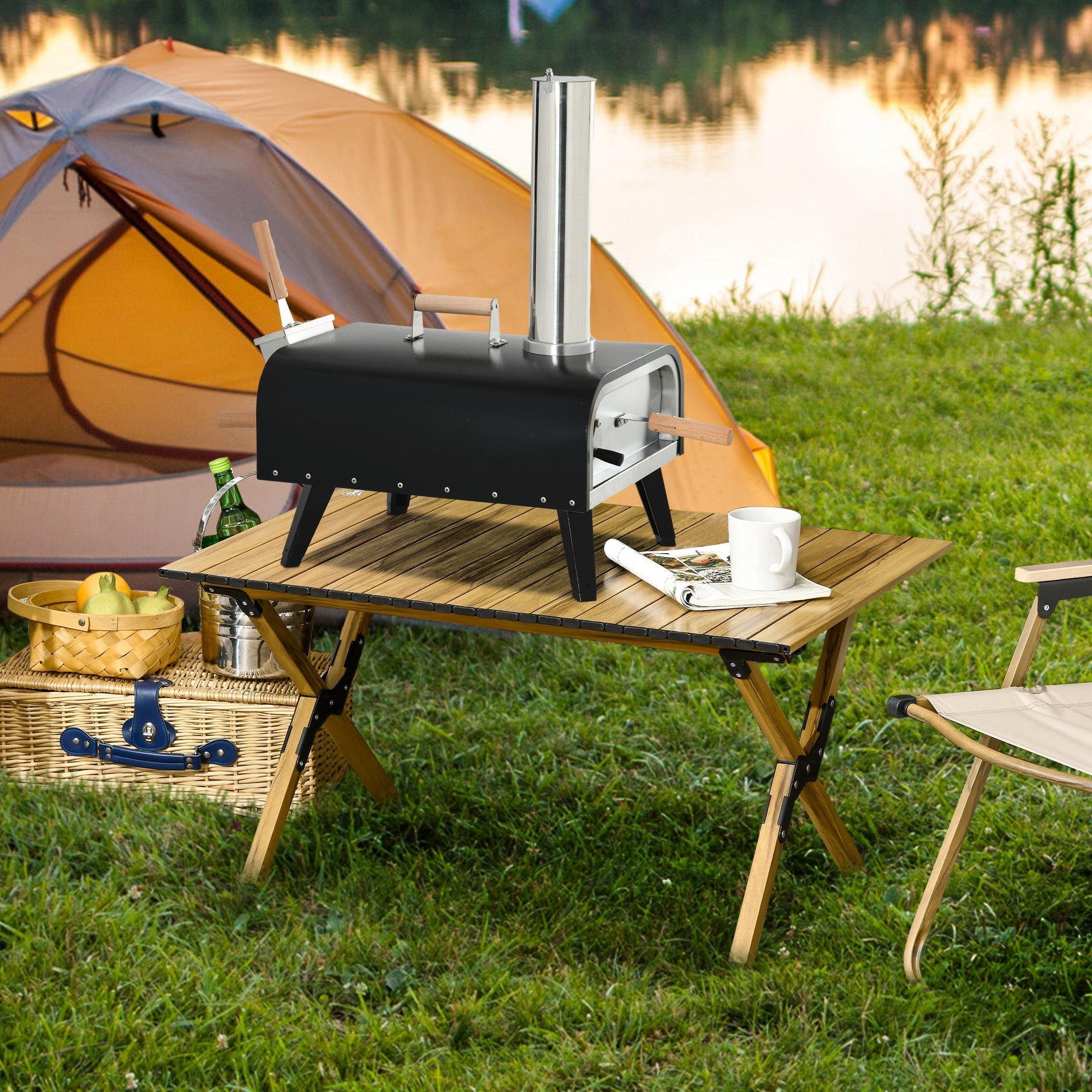 Outsunny Wood Fired Pizza Oven Stainless Steel Pizza Maker with Foldable Legs and Waterproof Cover, Black 