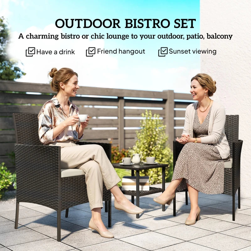 Wicker Bistro Set, 3 Piece Patio Furniture Set with 2-Tier Glass Top Table, Cushions for Balcony, Porch, Khaki