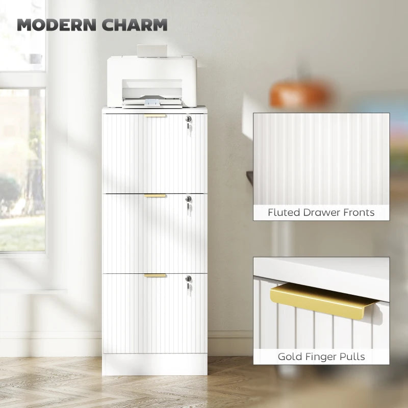 Lockable Filing Cabinet with 3 Fluted Drawers, File Cabinet with Adjustable Hanging Rails for A4 Letter Files, White