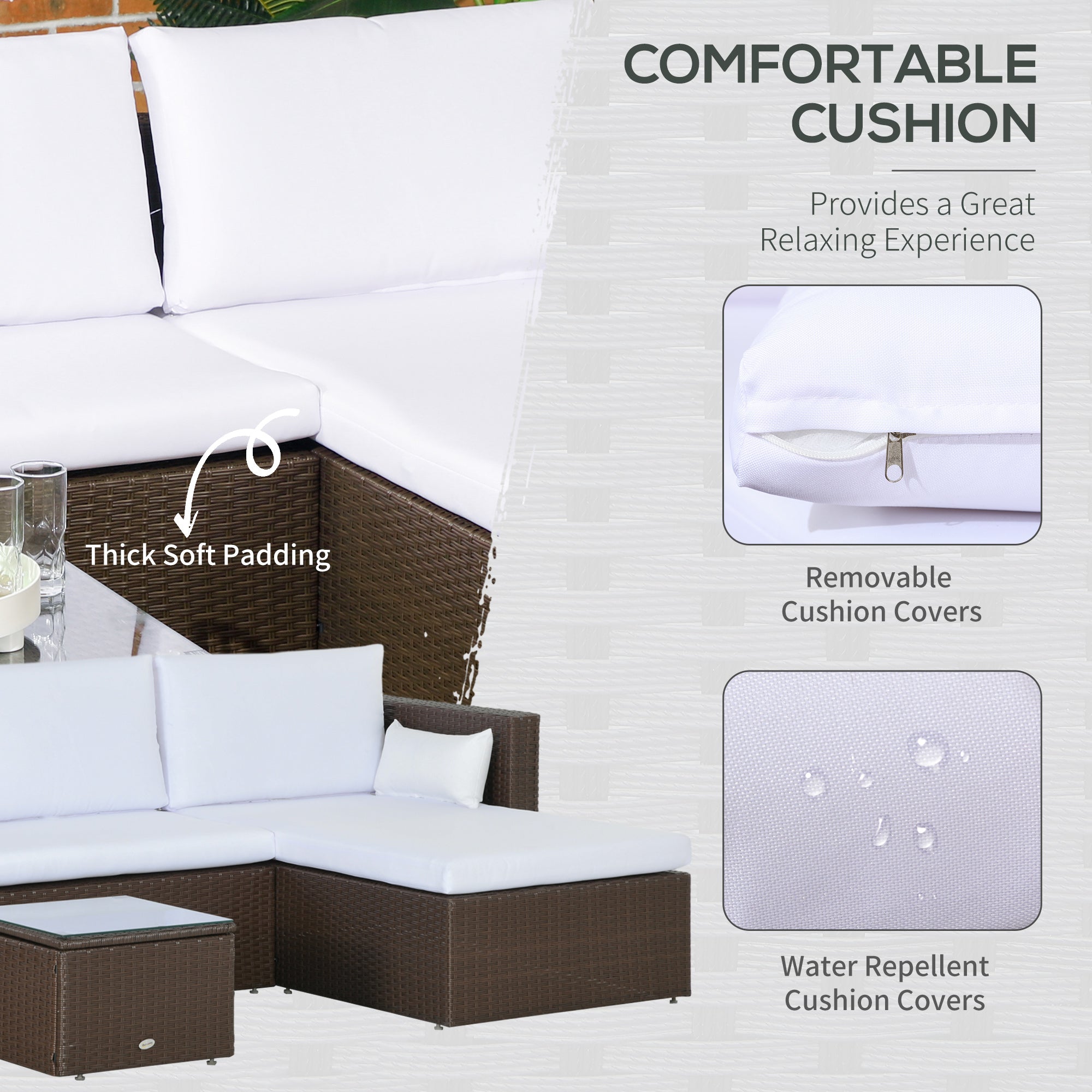 Outsunny 3pcs Modern Rattan Sofa Set, Wicker Patio Furniture Set with Coffee Table, Cushions, Pillows 