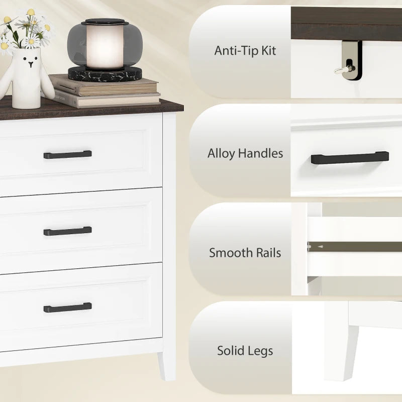 HOMCOM 3 Drawer Bedroom Dresser, Modern Storage Chest with Wood Top for Living Room, Closet & Entryway