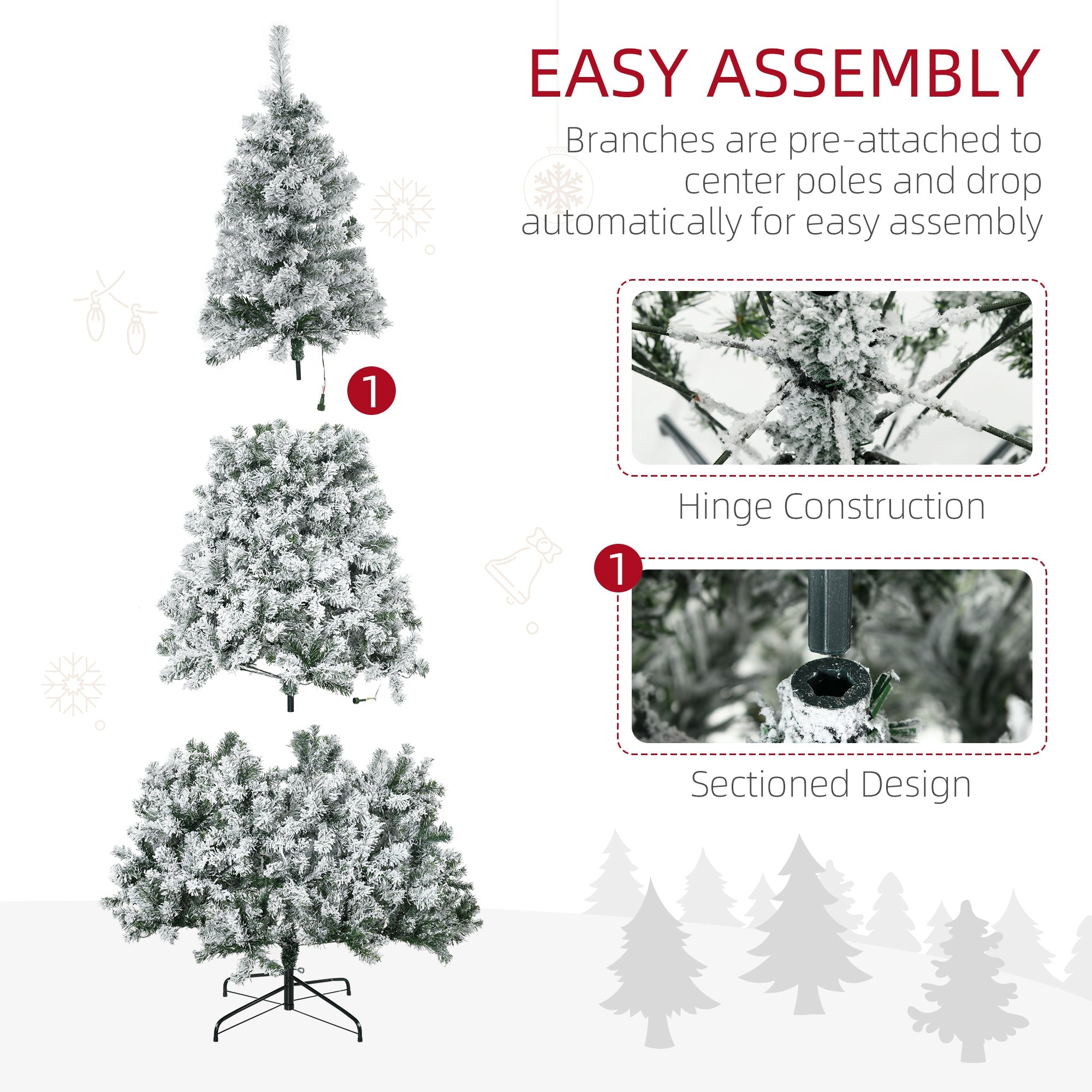 HOMCOM 7.5ft Artificial Prelit Christmas Tree with Warm White LED Light, Snow Flocked Branches, Metal Base, Xmas Tree 
