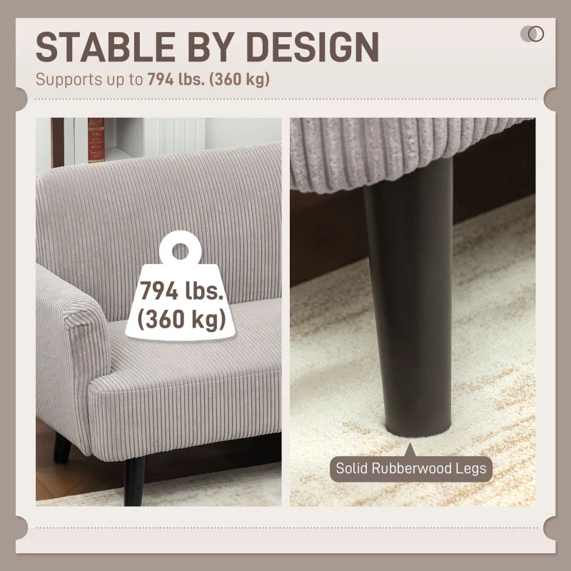 Modern Couch, 3 Seater Sofa, Corduroy Loveseat with Rubberwood Legs and Extra-Wide Seat, Light Grey