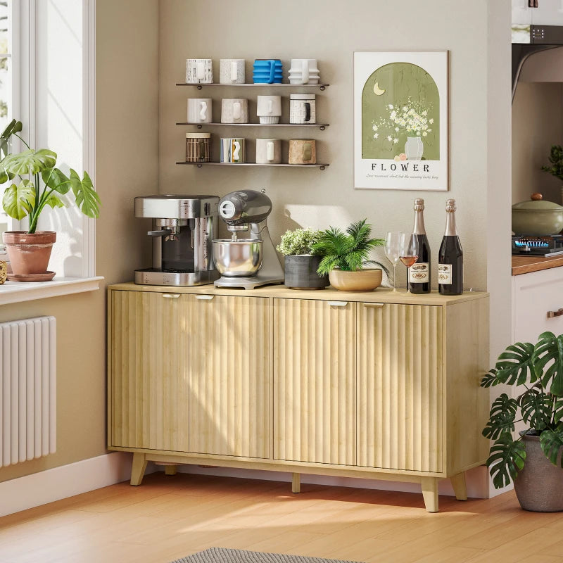 Fluted Sideboard Buffet Cabinet, 55" Coffee Bar Cabinet with 4 Doors, 2 Adjustable Shelves, 5 Wood Legs, Nature Wood