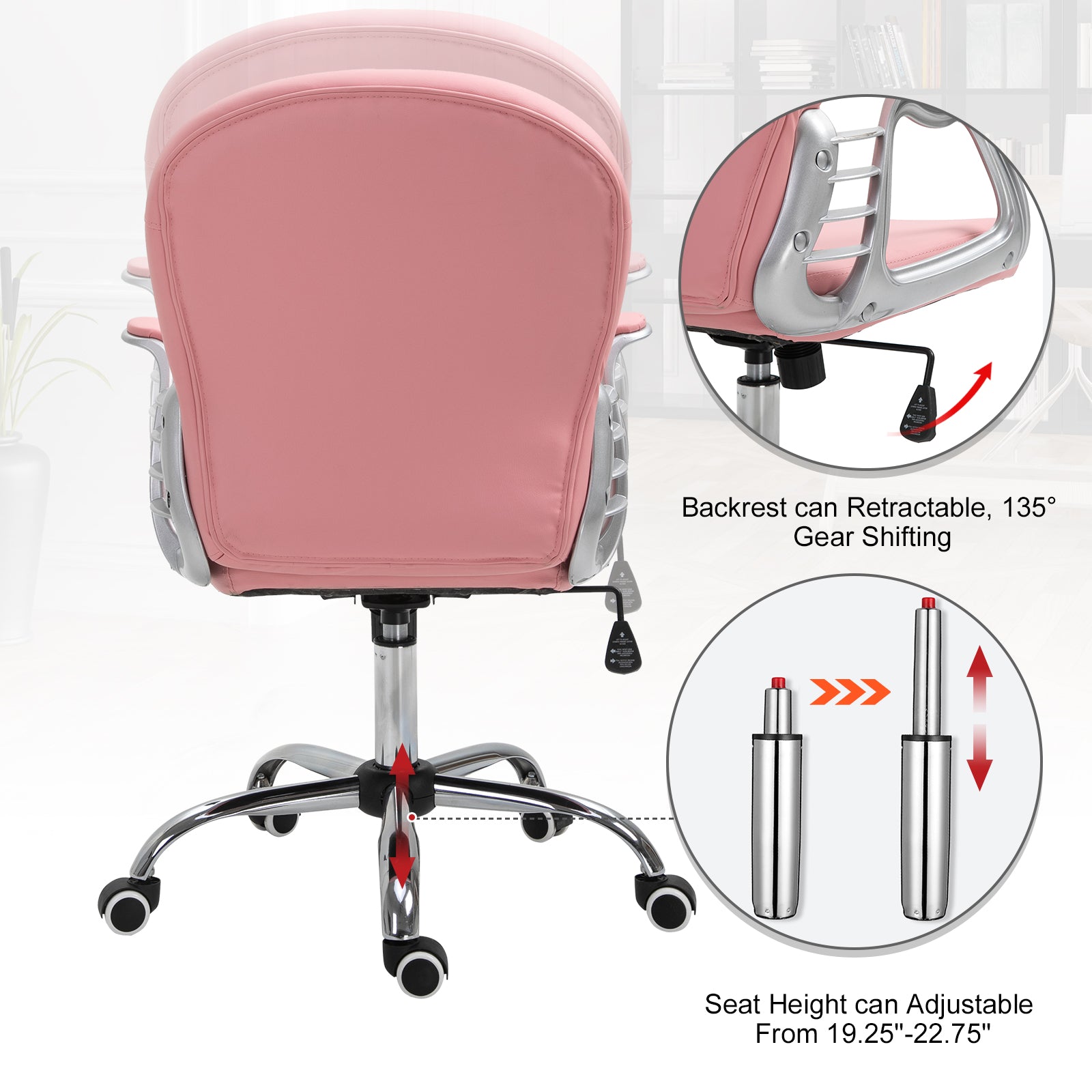 Vinsetto 360° Swivel Office Chair Vanity Style Tufted Backrest Task Chair with Height Adjustable, Armrests and Thick Padding, Pink 
