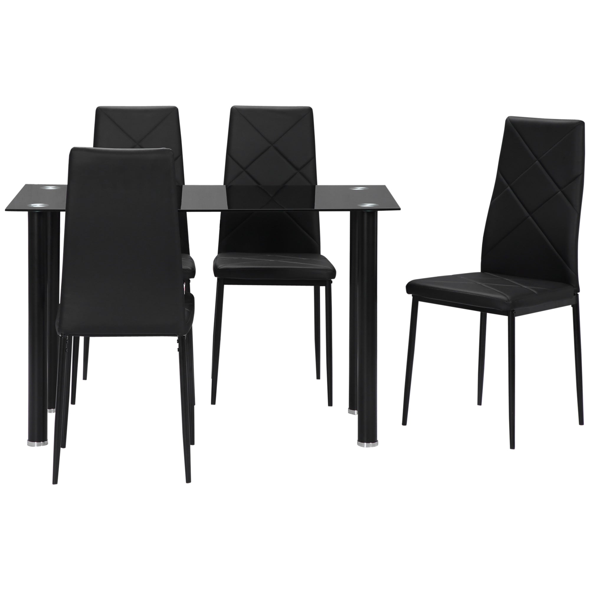 HOMCOM Dining Table and Chairs Set for 4, Modern 5 Pieces Kitchen Table Set with Glass Table, Padded Seat and Steel Frame 