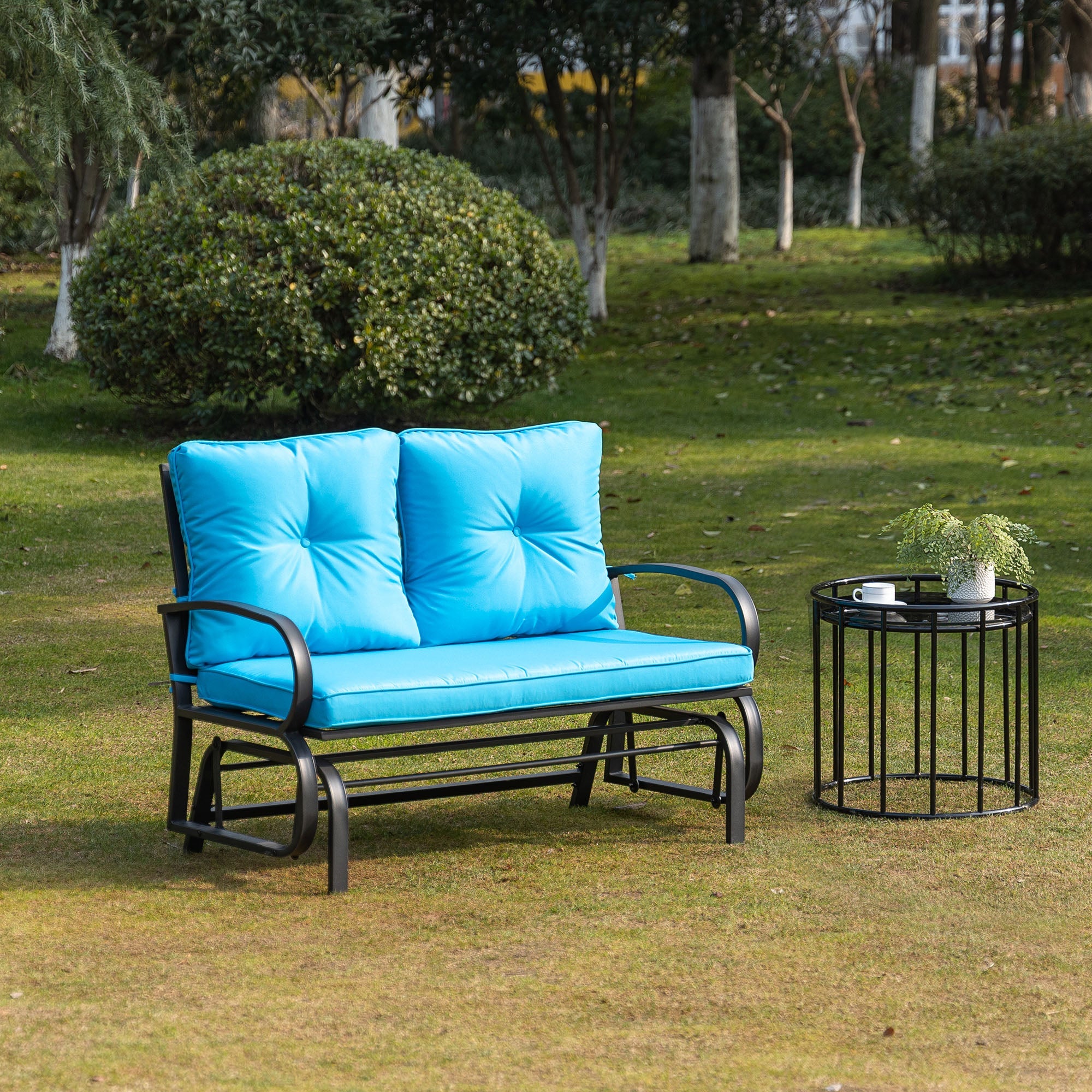 Outsunny 2-Person Outdoor Glider Chair, Patio Double Rocking Loveseat with Steel Frame & Cushions, Blue 