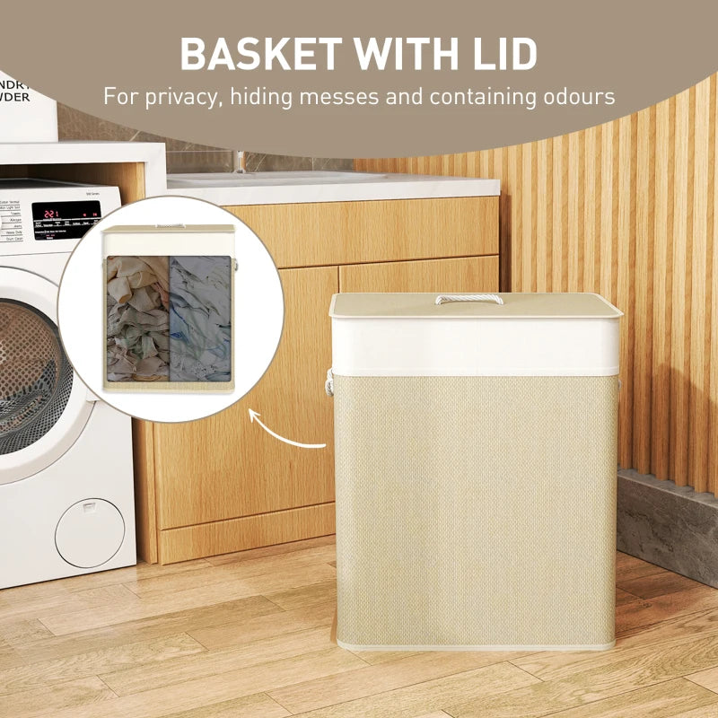 Double Laundry Basket with Lid, 100L Bamboo Laundry Hamper with Rope Handles and Removable Bags, Natural