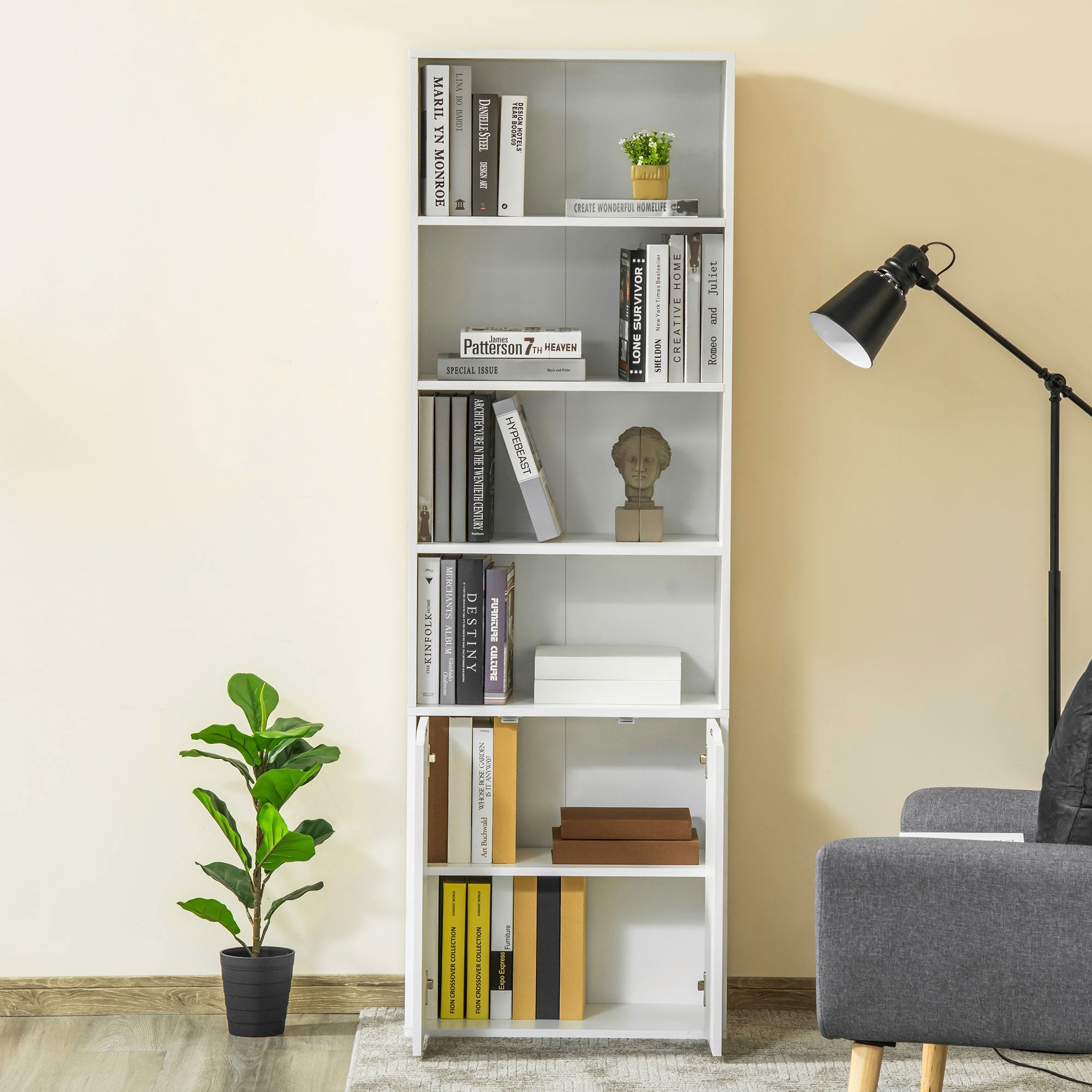 HOMCOM 4-Tier Bookshelf with Doors, White Modern Home Office Bookcase Storage Cabinet for Living Room, Bathroom, Study 