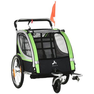 Aosom Convertible 2-in-1 Child Bike Trailer & Stroller Safety Features Storage Basket Green Color Outdoor 