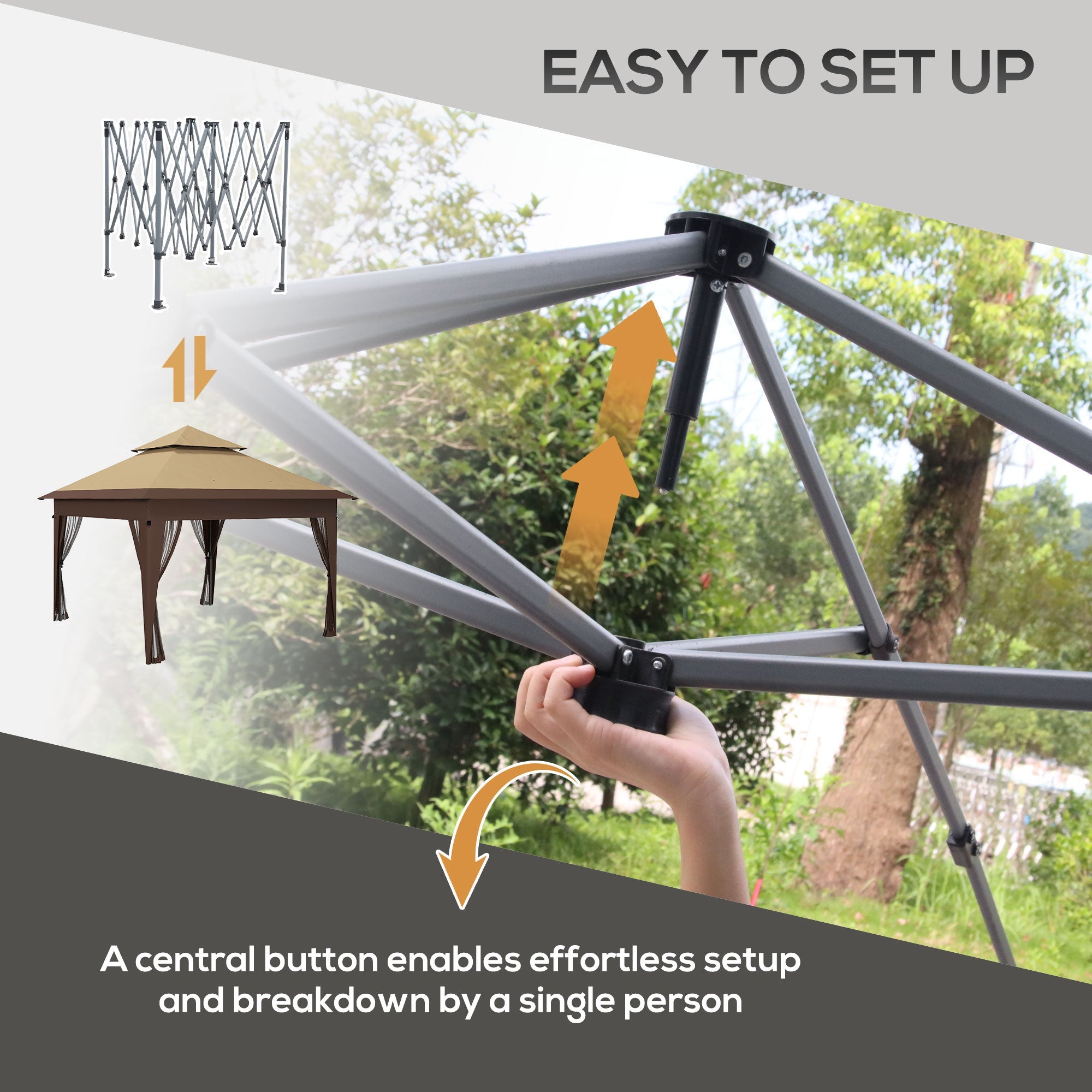 Outsunny 11x11FT Pop Up Canopy with 1-Button Push, Mosquito Netting, Carry Bag, Sandbags, Height Adjustable Instant Shelter 