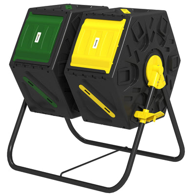 Outsunny Rotating Composter, Dual Chamber Compost Bin with 24 Vents and Steel Legs, 34.5 Gallon, Yellow and Green 