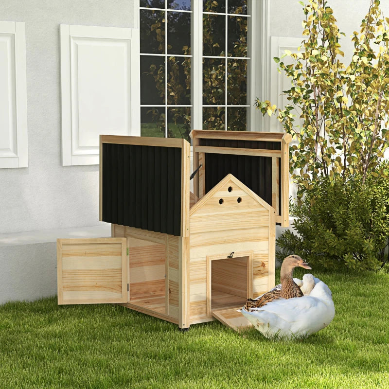 Duck Coop, Wooden Duck House with Openable Roof & Double Doors, Natural Wood