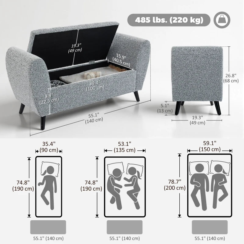 Upholstered Storage Bench with Arms, Modern Ottoman Bench for Bedroom, Entryway, and Living Room, Grey