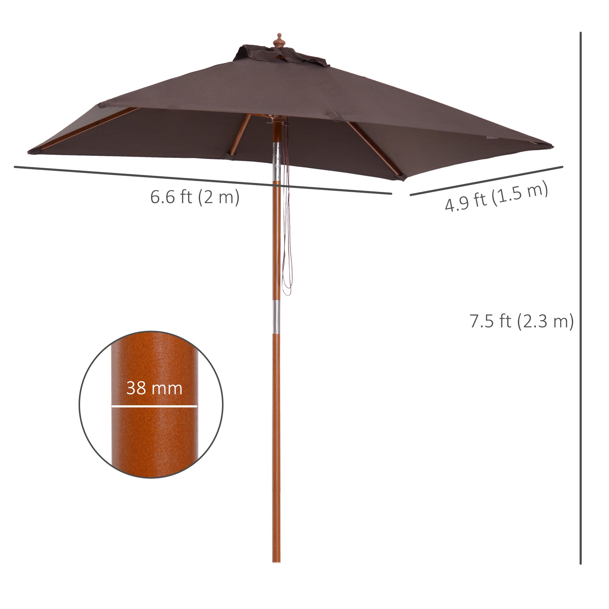 Outsunny 6.6x5ft Square Market Parasol, Wooden Patio Umbrella with Tilt Mechanism and 6 Bamboo Ribs, Garden Sunshade, Coffee 