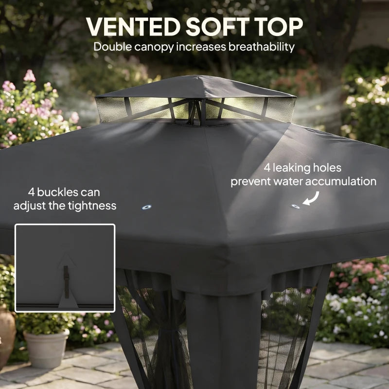 9.6' x 9.6' Patio Gazebo Outdoor Pavilion 2 Tire Roof Canopy Shelter Garden, Steel Frame w/ Mosquito Netting, Dark Grey