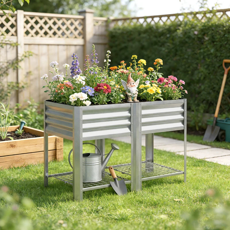 Raised Garden Bed with Legs Storage Shelf Elevated Planter Box 31.5" for Flowers Vegetables Silver