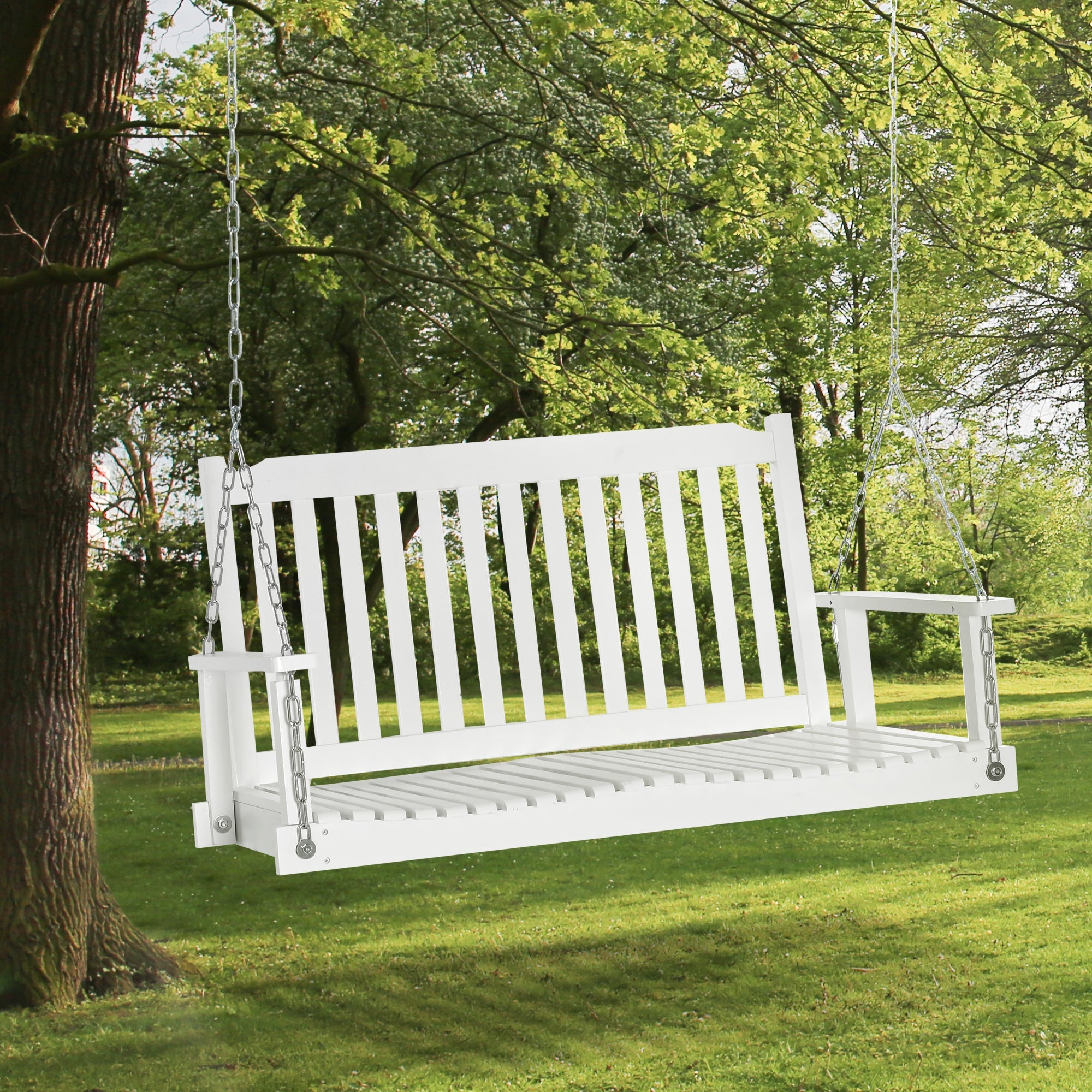 Outsunny White 2-Person Porch Swing Bench: Adjustable Hanging Chains Patio Chair for Deck, Garden, Backyard Relaxation 