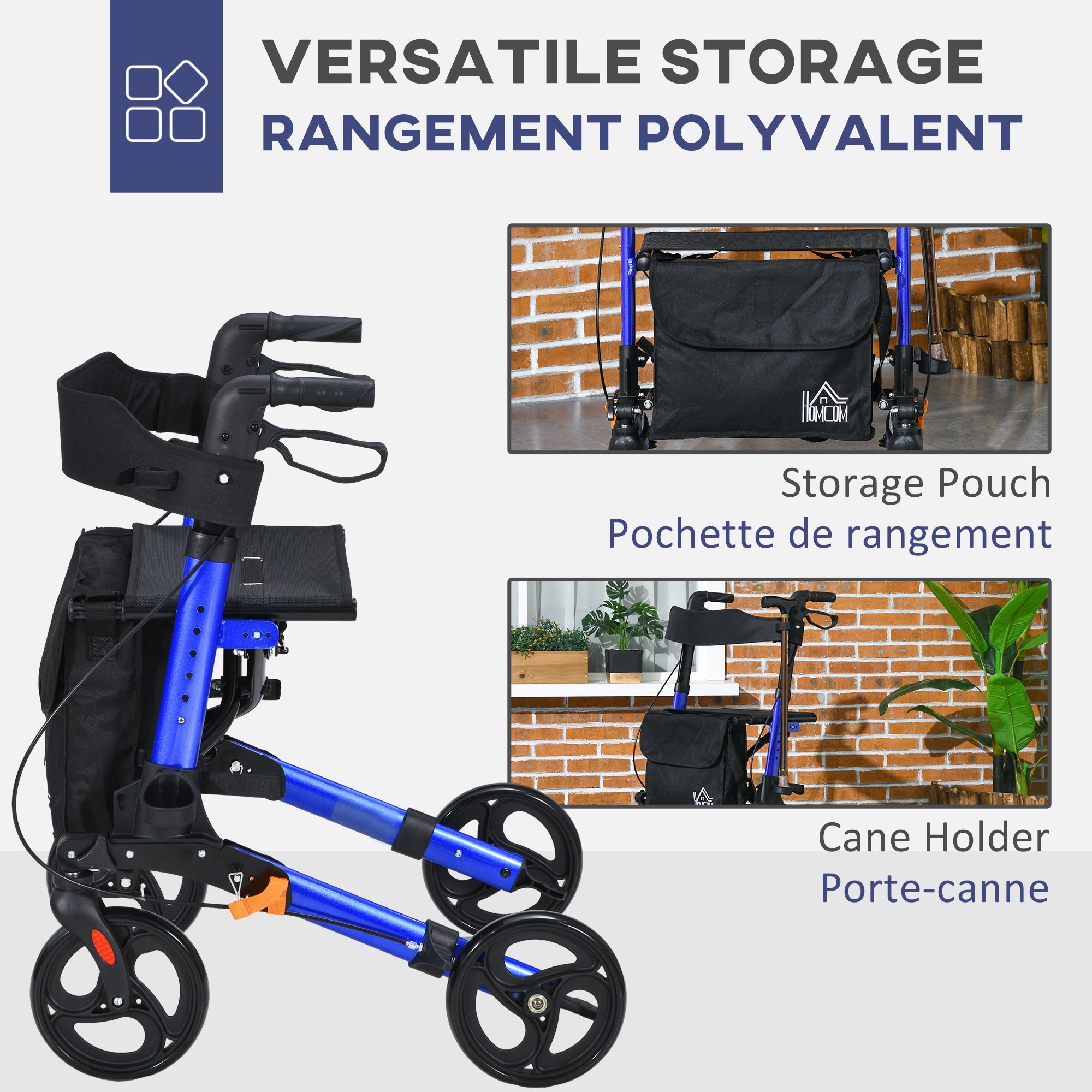 HOMCOM Rollator for Seniors with Seat, Back, Cane Holder, Aluminium Folding Rolling Walker with Adjustable Handle, Bag, Blue 