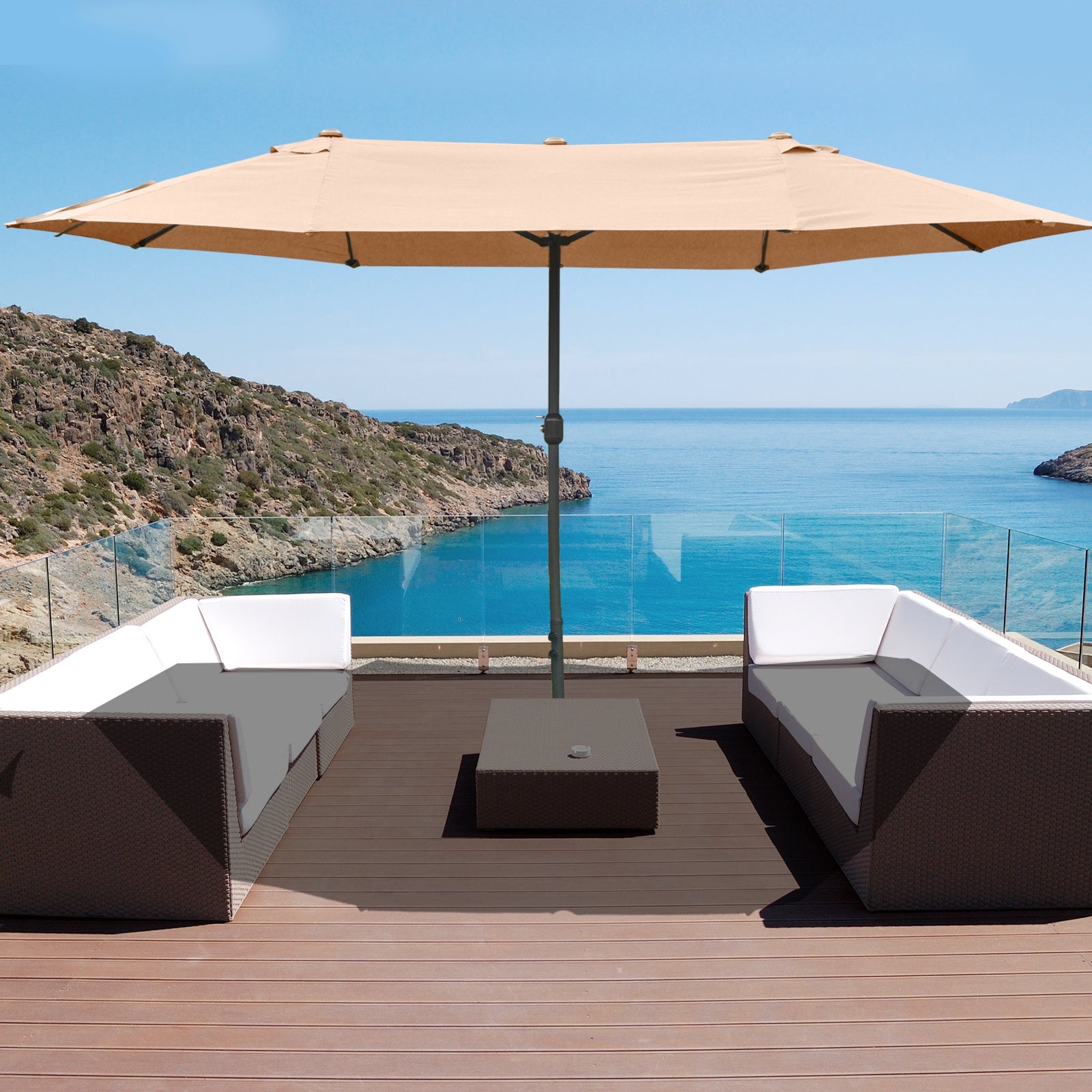 Outsunny 15' Outdoor Patio Umbrella with Twin Canopy Sunshade Steel Table Umbrella w/ Lift Crank, Cross base, Sandbag, Brown 