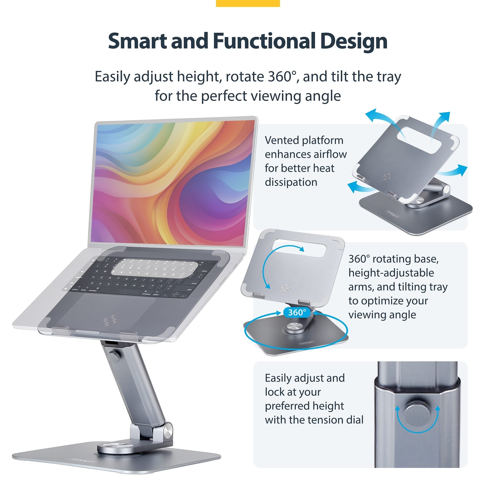 Telescopic Laptop Stand, 360 Swivel Base, Rotating Computer Riser for Desk, Adjustable Height and Tilt, Max 11lb/5kg, Aluminum Build, Portable Design 