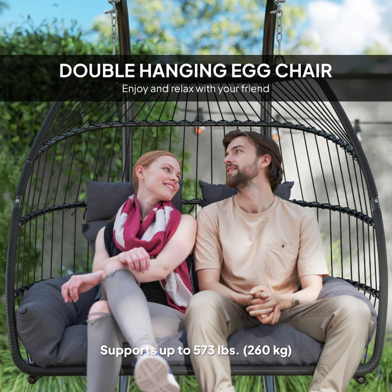 Double Wicker Egg Swing Chair with Stand, Foldable Hanging Egg Chair with UV Resistant Cushion, Headrest, Dark Grey
