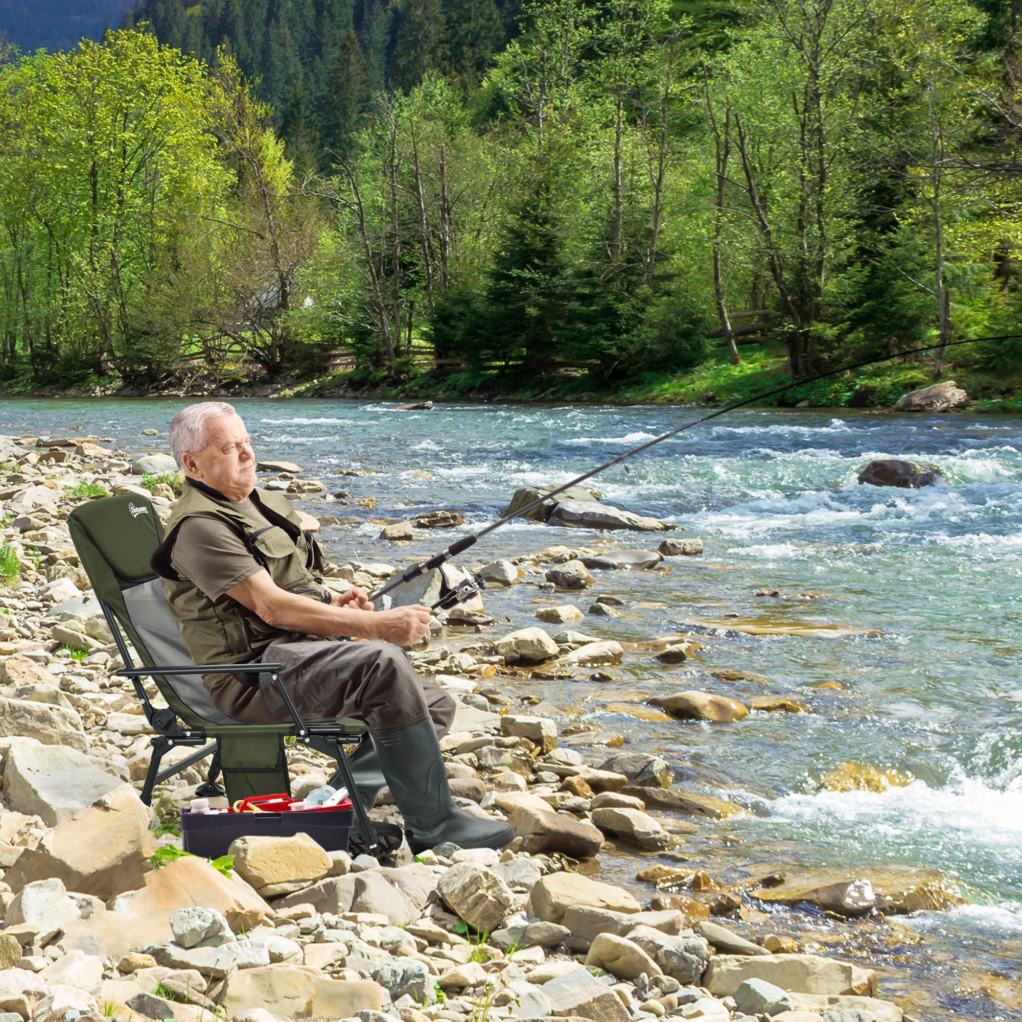 Outsunny Fishing Chair Heavy Duty 330lb Capacity Reclining Backrest Footrest Adjustable Legs Dark Green Color 
