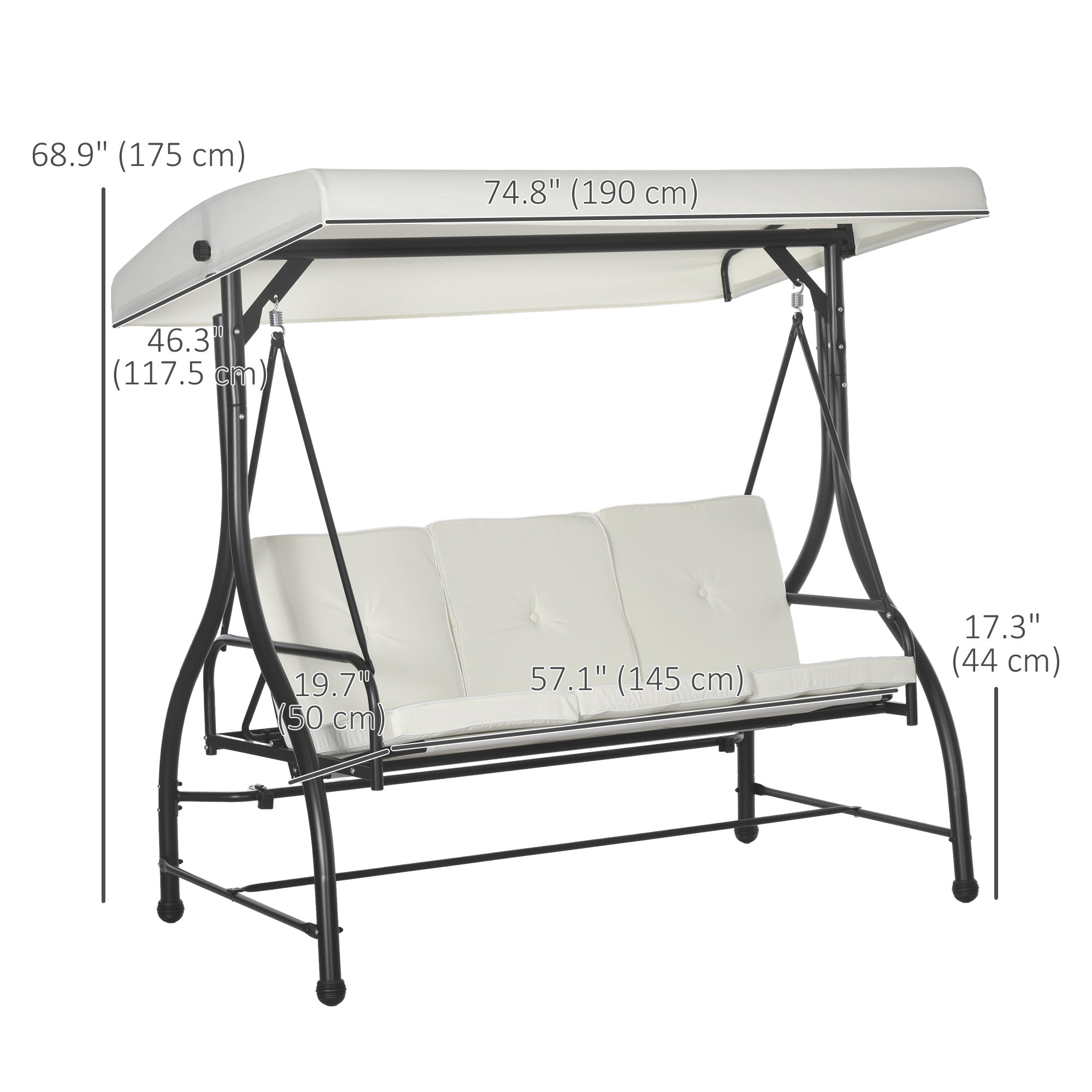 Outsunny Convertible Patio Swing Bed with Canopy and Cushions, 3 Seater Porch Swing for Outdoor, Backyard, Garden, Cream White 
