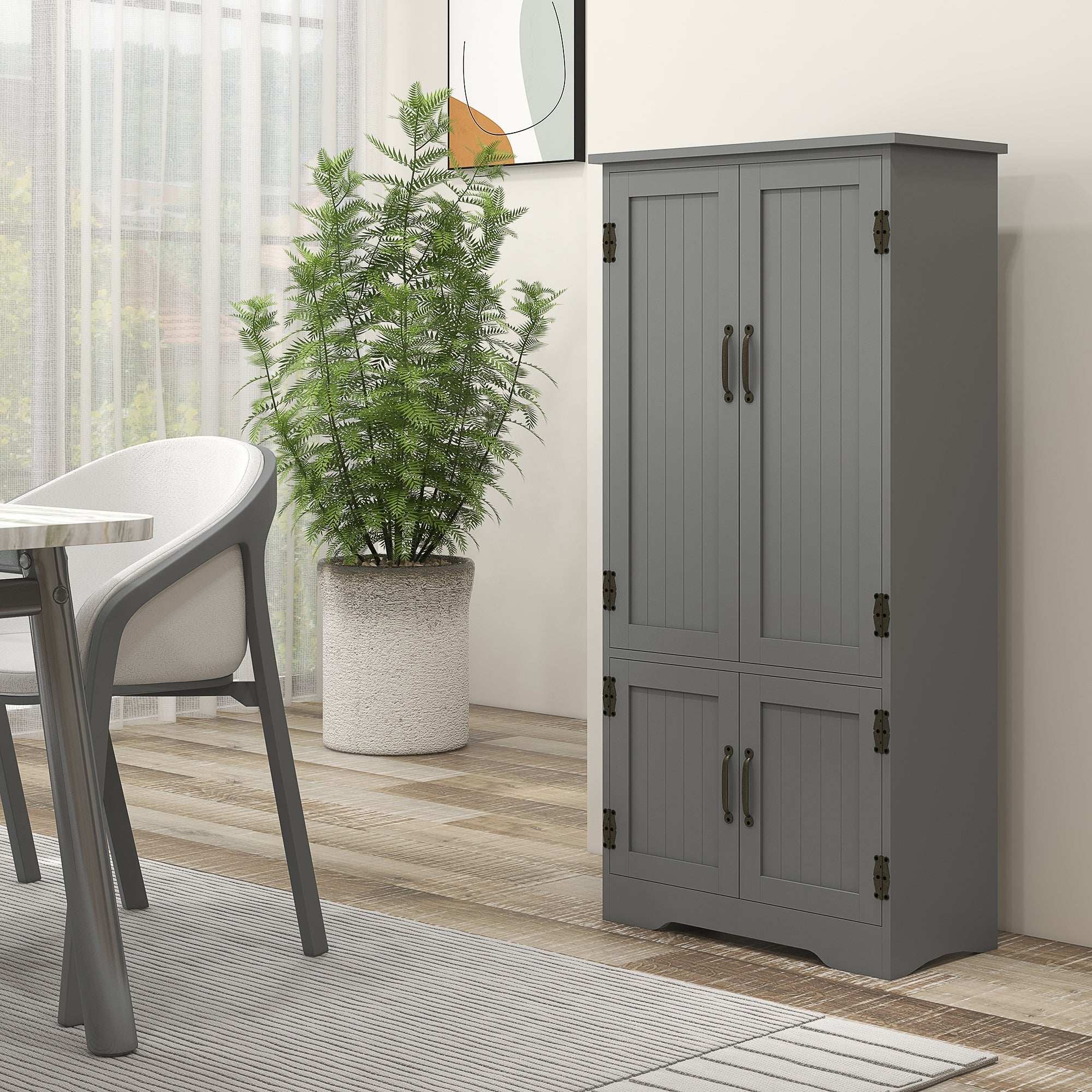 HOMCOM 4-Door Storage Cabinet Multi-Storey Large Space Pantry with Adjustable Shelves Grey 