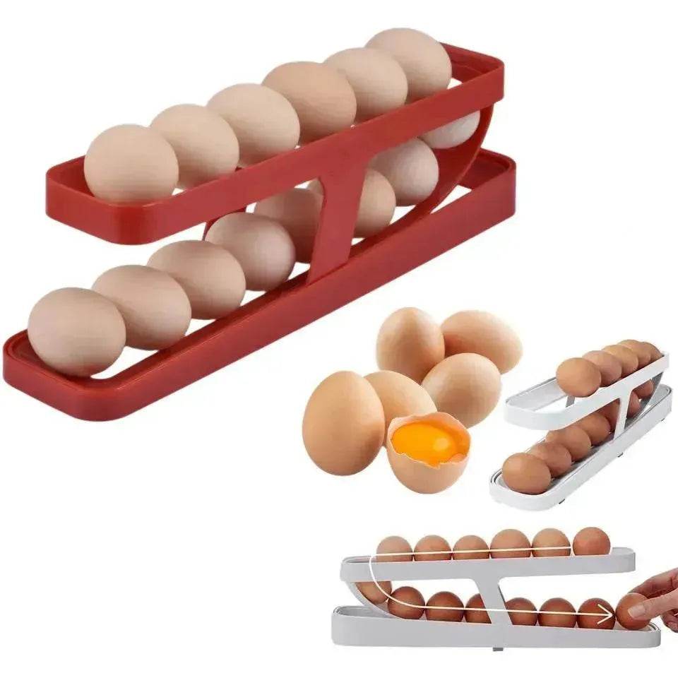 Automatic Scrolling Egg Rack Holder Storage Box Egg Basket Container Organizer Rolldown Refrigerator Egg Dispenser For Kitchen Gadgets 