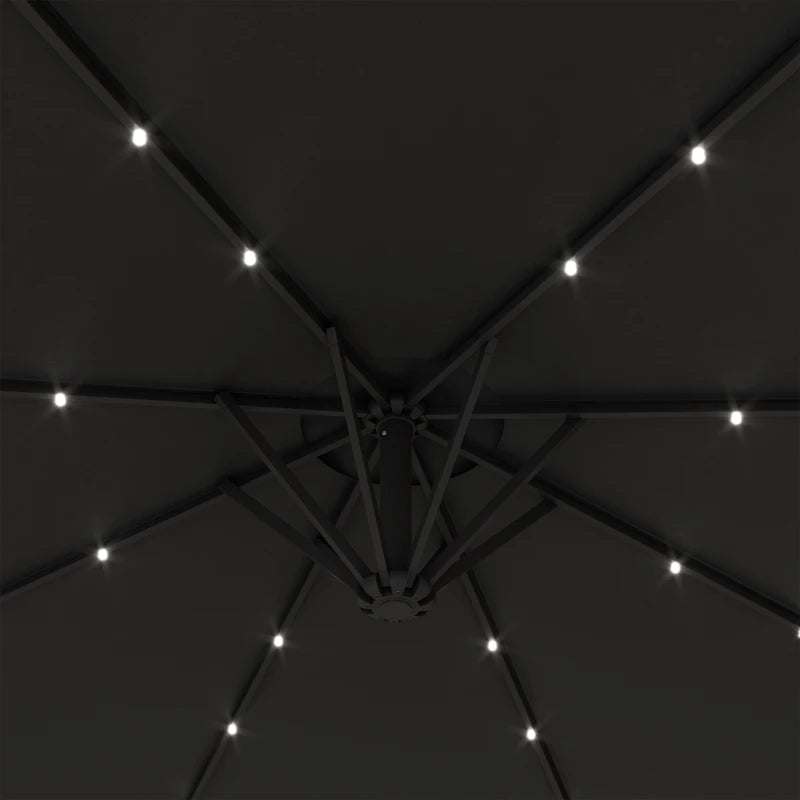 9.5' Offset Patio Umbrella Garden Parasol with Solar LED Lights and Weights, Dark Grey