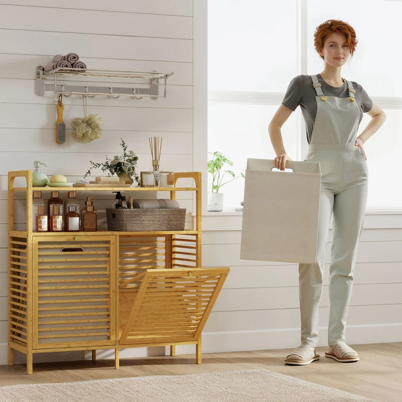 Tilt Out Laundry Hamper, Bamboo Laundry Cabinet with 2 Removable Baskets and 2-Tier Shelves for Laundry Room, Natural