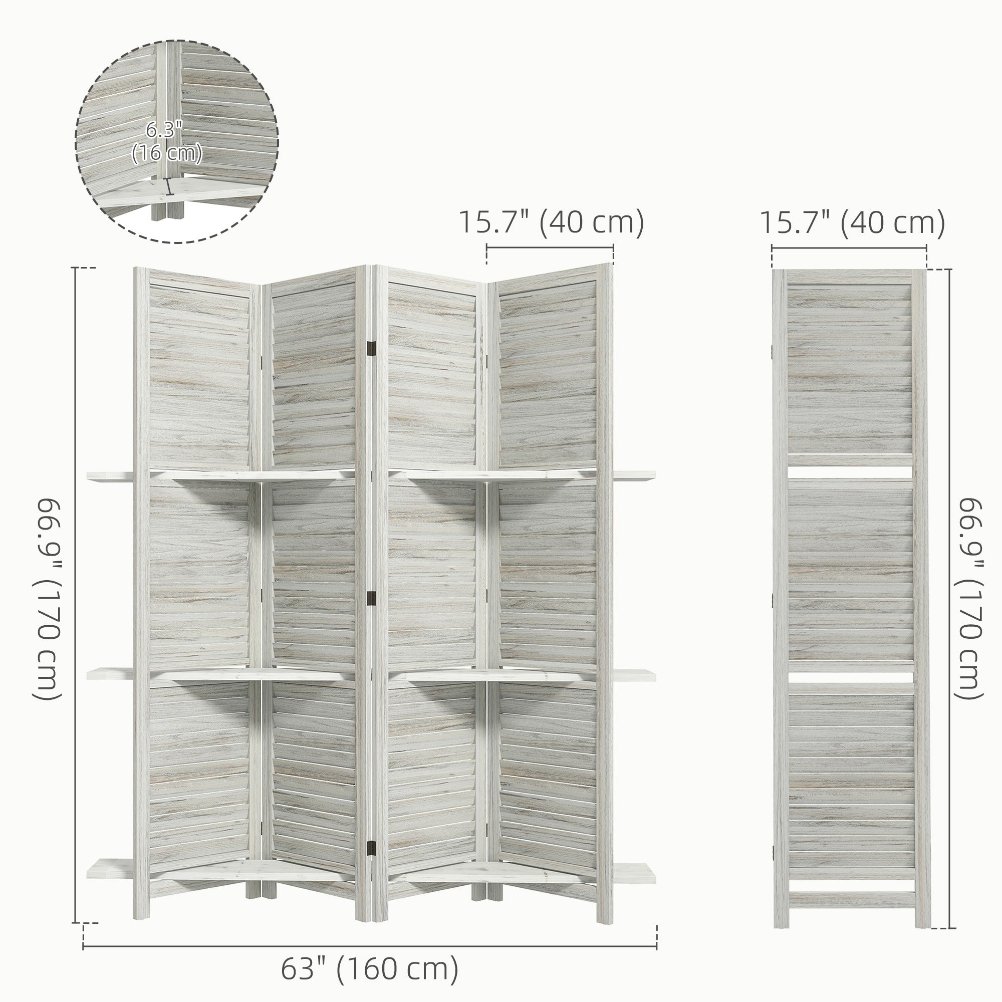 HOMCOM 4-Panel Wall Partition Room Separator with 3 Storage Shelves Foldable Design Wooden Frame 5.6FT Distressed White 