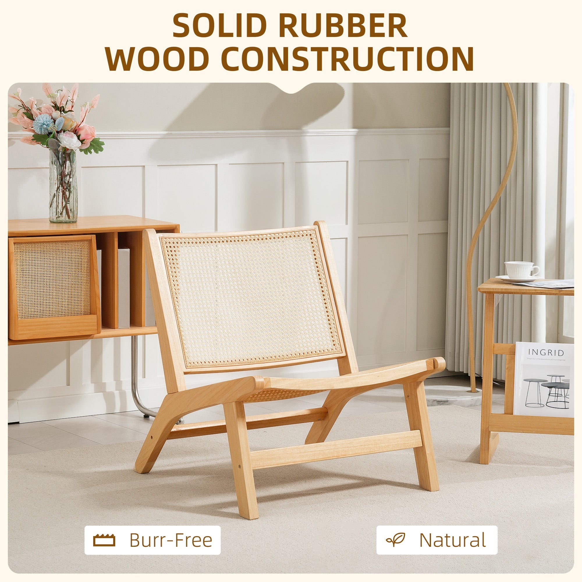HOMCOM Rattan Accent Chair, Mid-Century Leisure Chair with Rubber Wood Frame, for Bedroom Living Room, Natural 