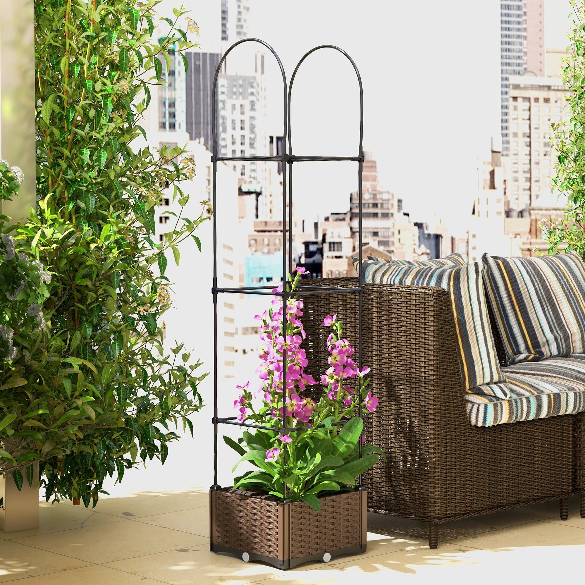 Outsunny 16"x16"x70" Garden Bed with Trellis: Planter Box, Self-Watering, Steel Frame for Veggies/Flowers 