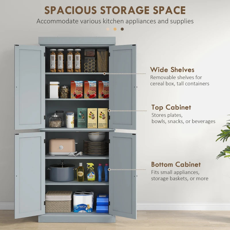 72.5" Freestanding Kitchen Pantry Cabinet with 4 Doors, Grey