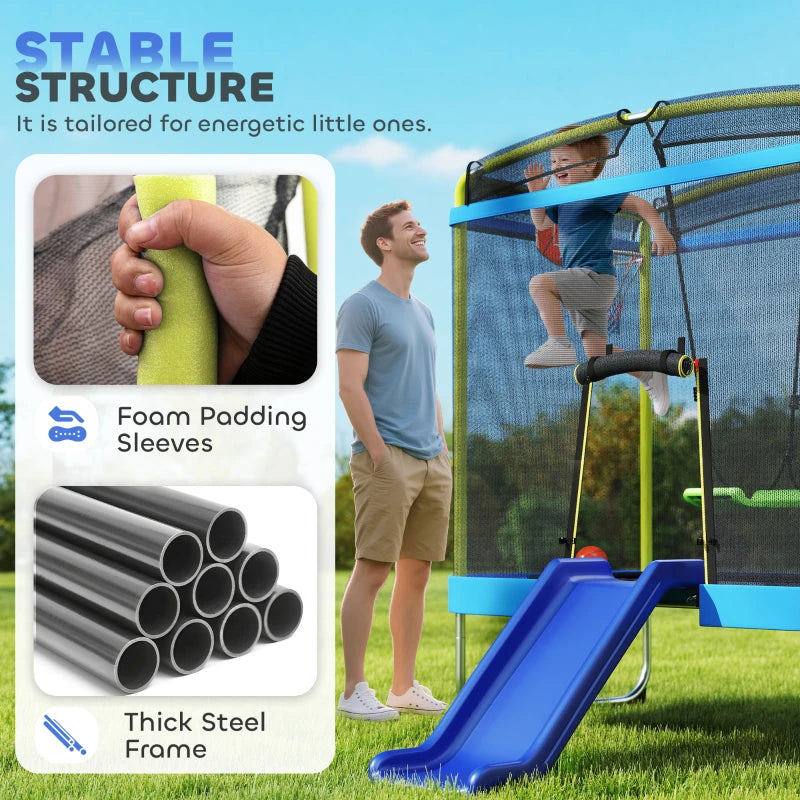 Qaba 70" x 47" Trampoline for Kids Indoor & Outdoor with Slide, Swing, Basketball Hoop and Safety Enclosure, Light Blue