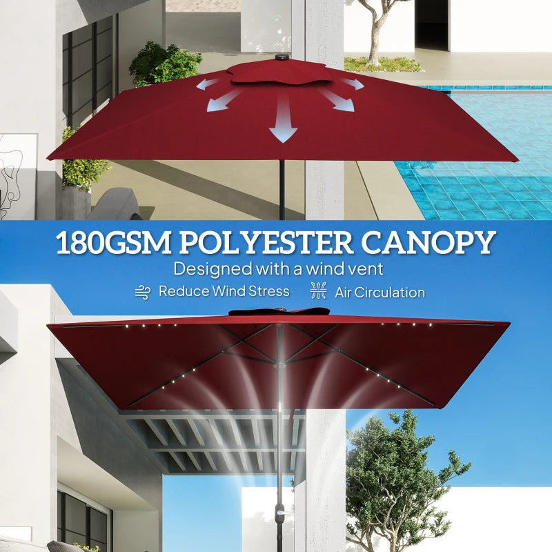 6' x 10' Patio Umbrella with 22 LED Solar Lights and Tilt, Rectangular Outdoor Table Umbrella with Crank, Wine Red