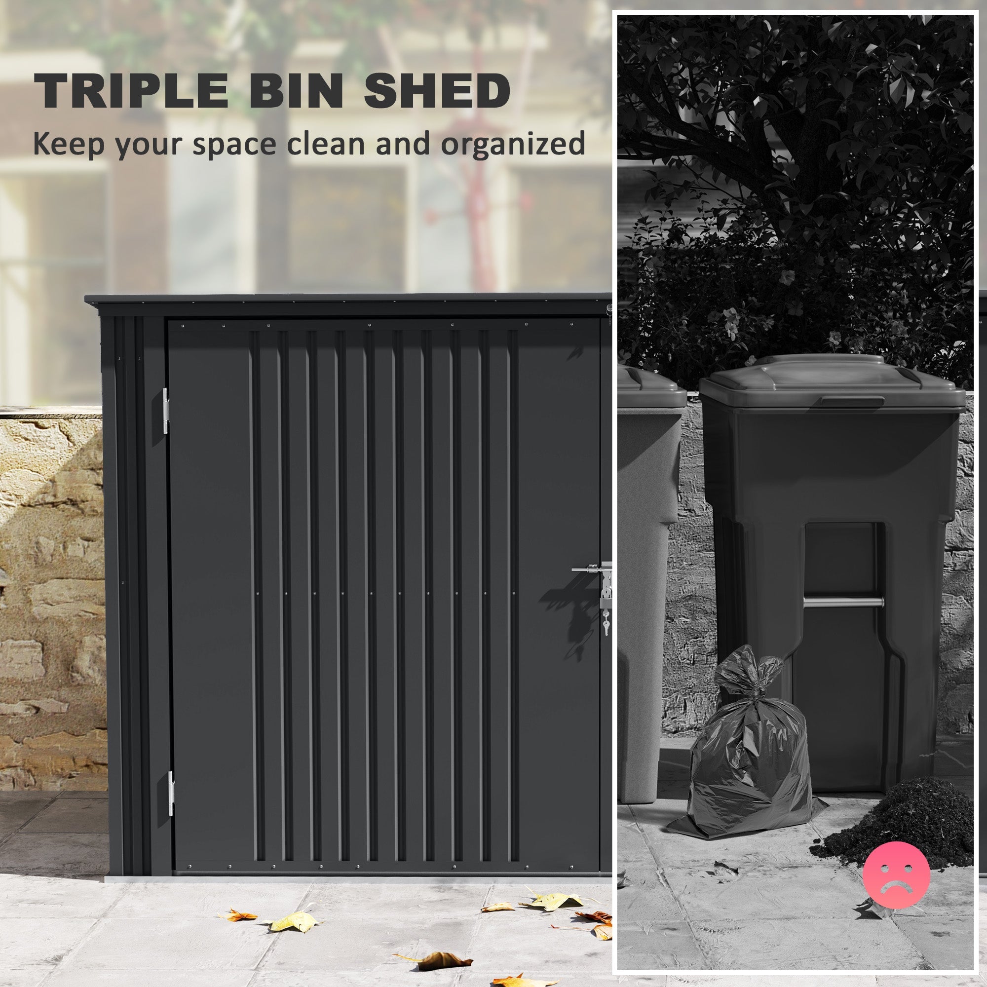 Outsunny 7.6 x 3.4ft Outdoor Storage Shed, Triple Garbage Bin Shed Organizer with Lockable Double Doors and Openable Lid 