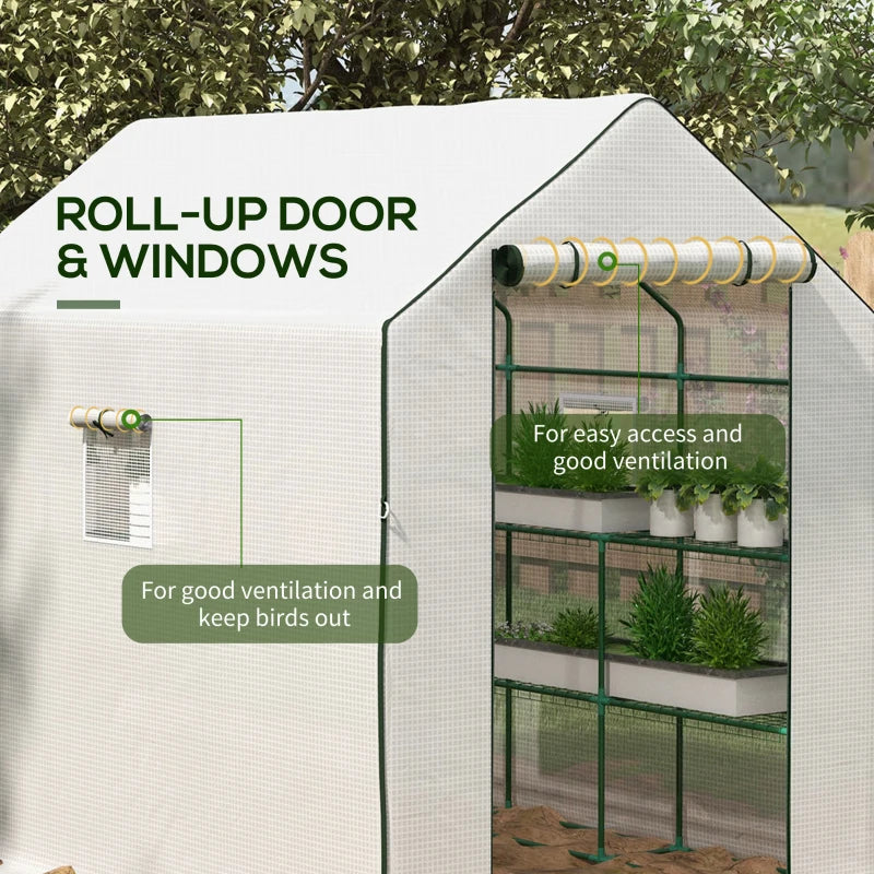 Portable Greenhouse, Walk-In Small Outdoor Green House with 2 Tier U-Shaped Flower Rack Shelves, 4.6' x 4.7', White