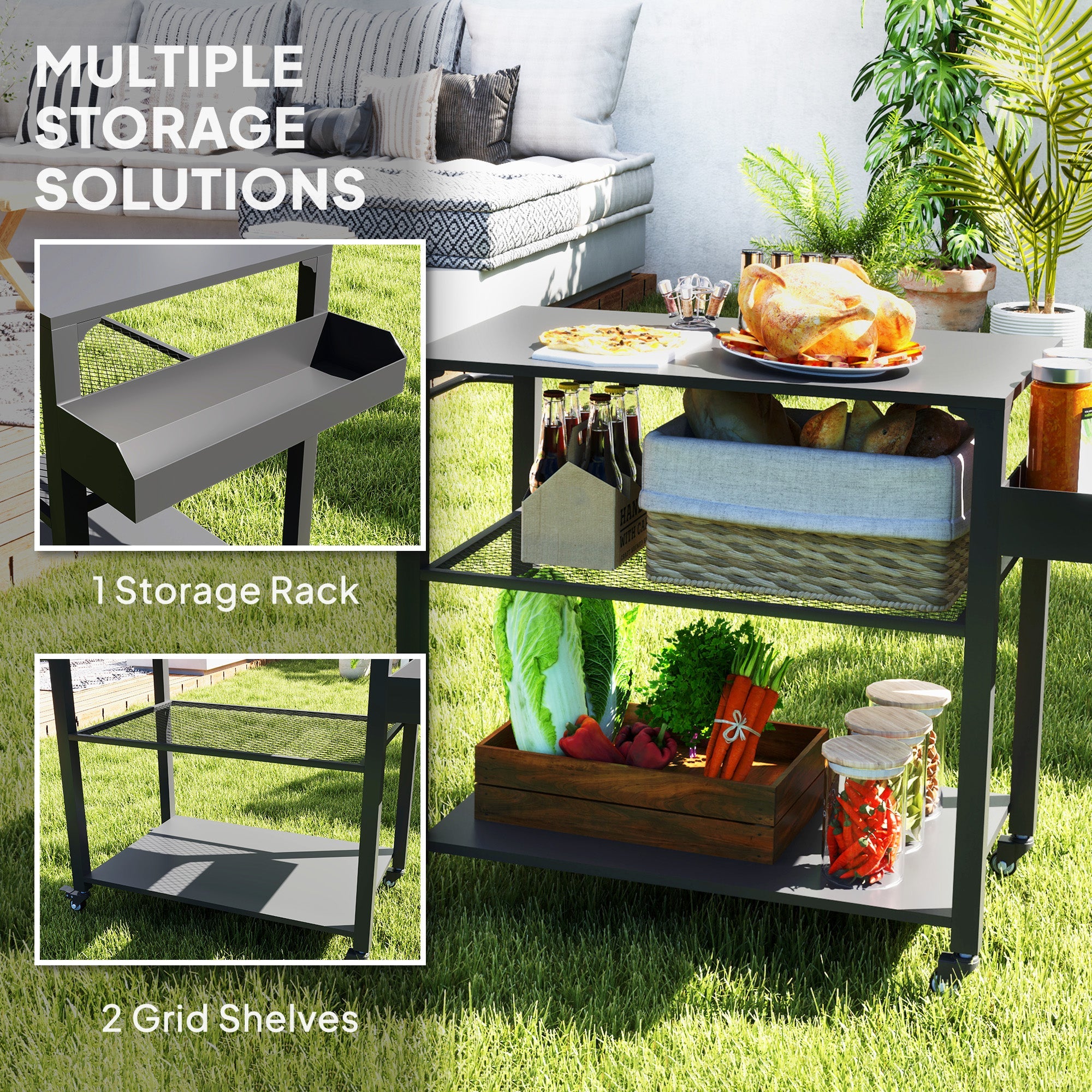 Outsunny 3-Tier Outdoor Grill Dining Cart with Storage Rack, Pizza Oven Stand with Side Handle, 4 Wheels for Backyard Party 