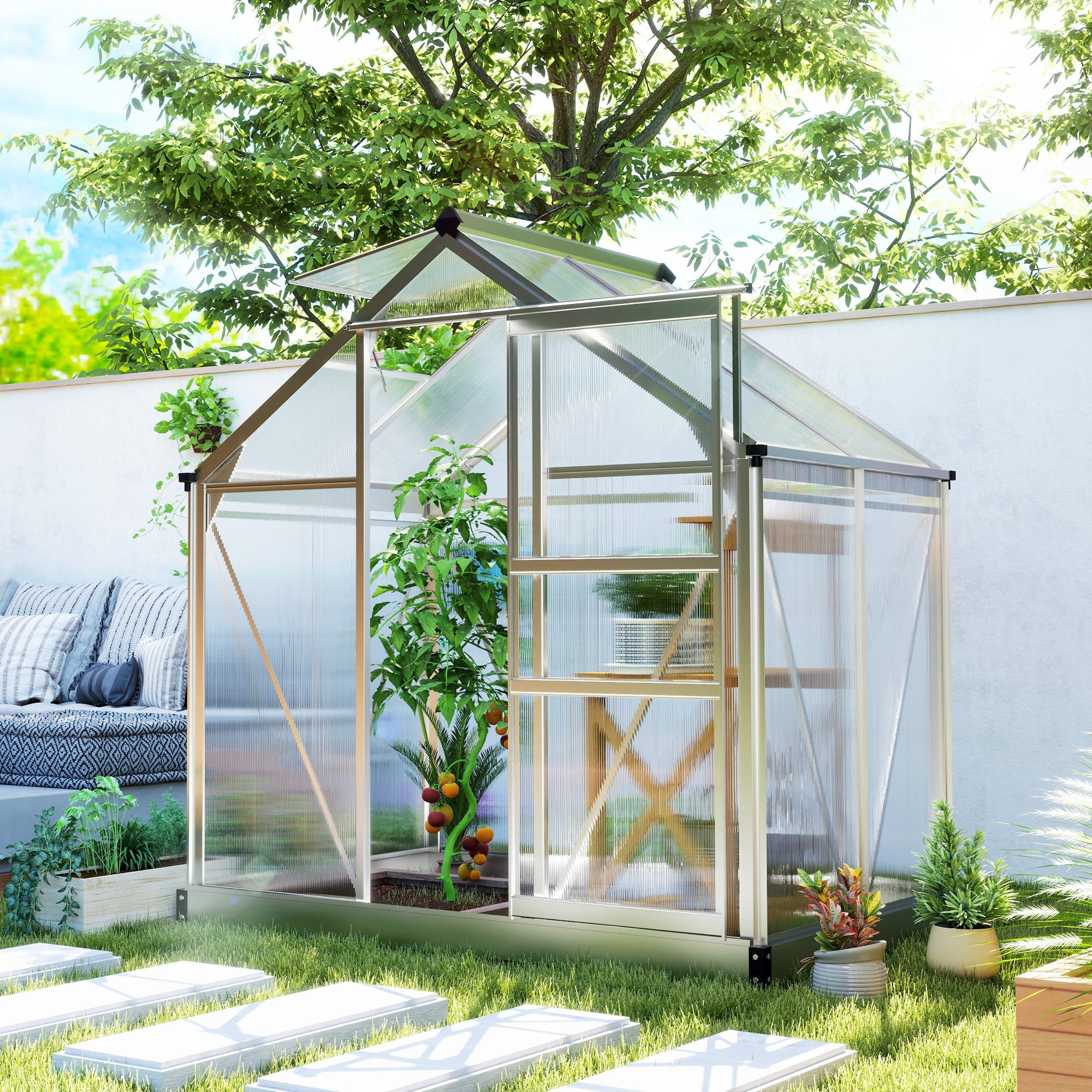 Outsunny 6' x 4' x 6.6' Polycarbonate Greenhouse, Walk-In Green House Kit Garden, Plants Grow, Galvanized Sheet Aluminum Frame with Rain Gutter, Vent and Sliding Door, Silver 
