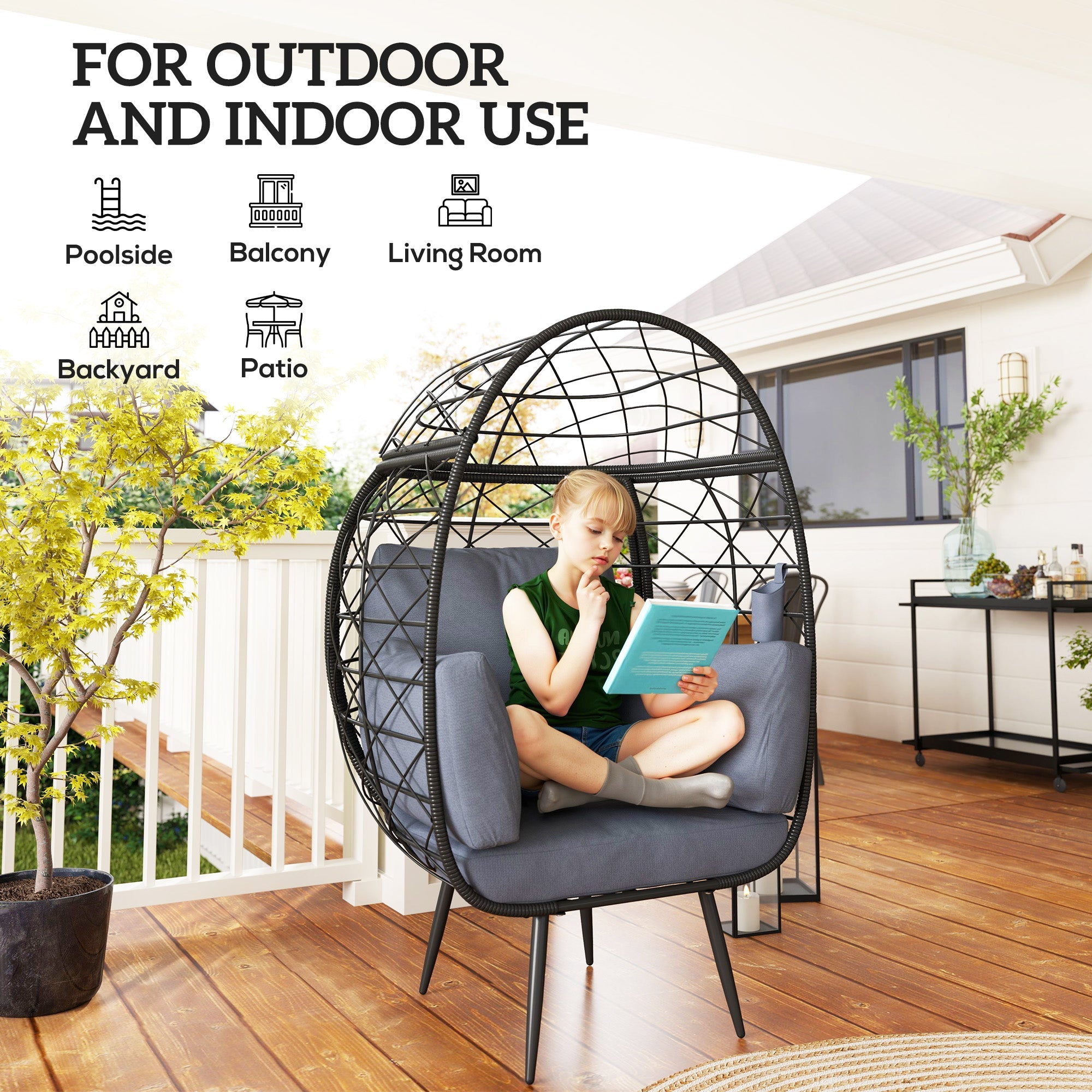 Outsunny Rattan Egg Chair, Indoor Outdoor Lounger with Cushions and Cup Holder for Backyard, Garden, Lawn, Living Room, Grey 