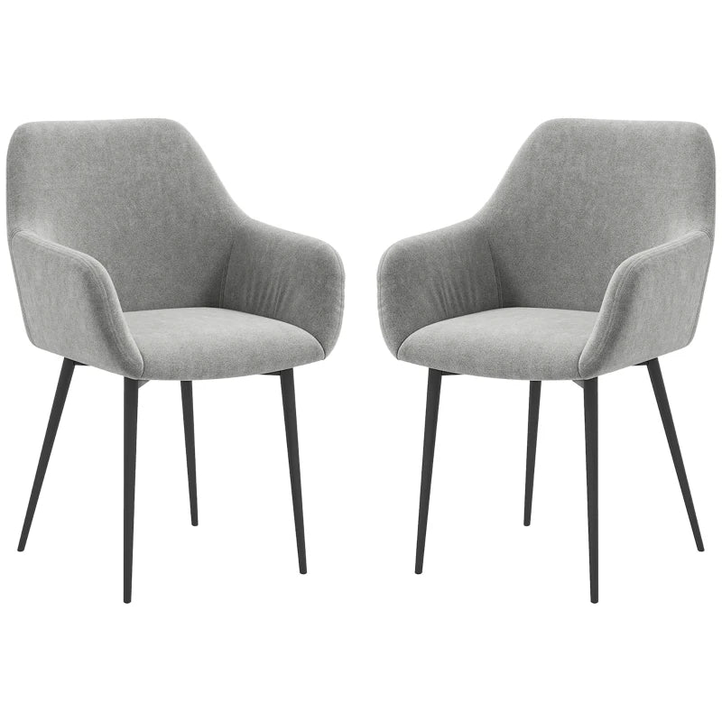 Dining Chairs Set of 2, Velvet-look Fabric Upholstered Kitchen Chairs with Backrest, Armrests and Steel Legs, Dark Grey