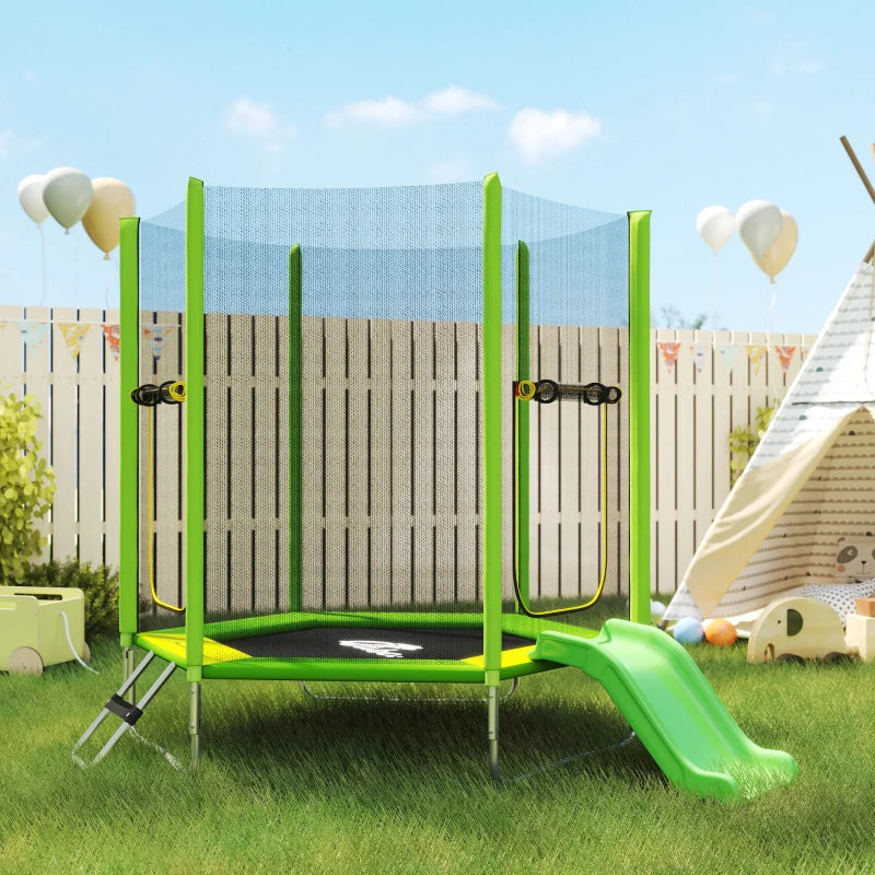 Qaba 85" Trampoline for Kids with Safety Enclosure, Toddler Trampoline with Slide Ladder for Ages 3+, Green