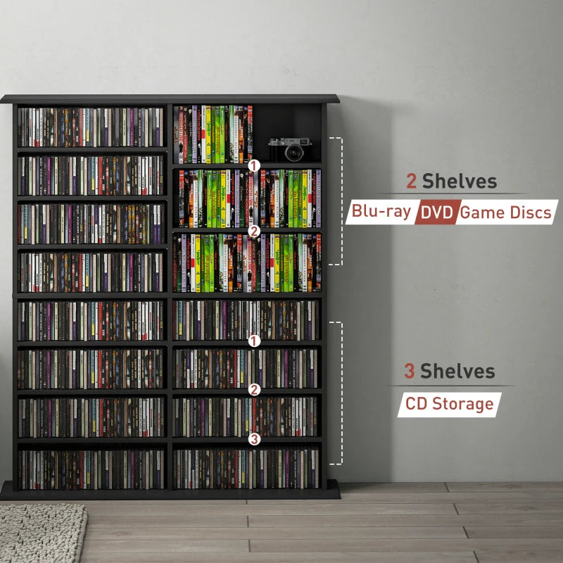 8-Tier DVD Shelf with 12 Adjustable Shelves, Double CD Shelf, Holds 720 CDs, 396 DVDs or 396 Blu-rays, Black