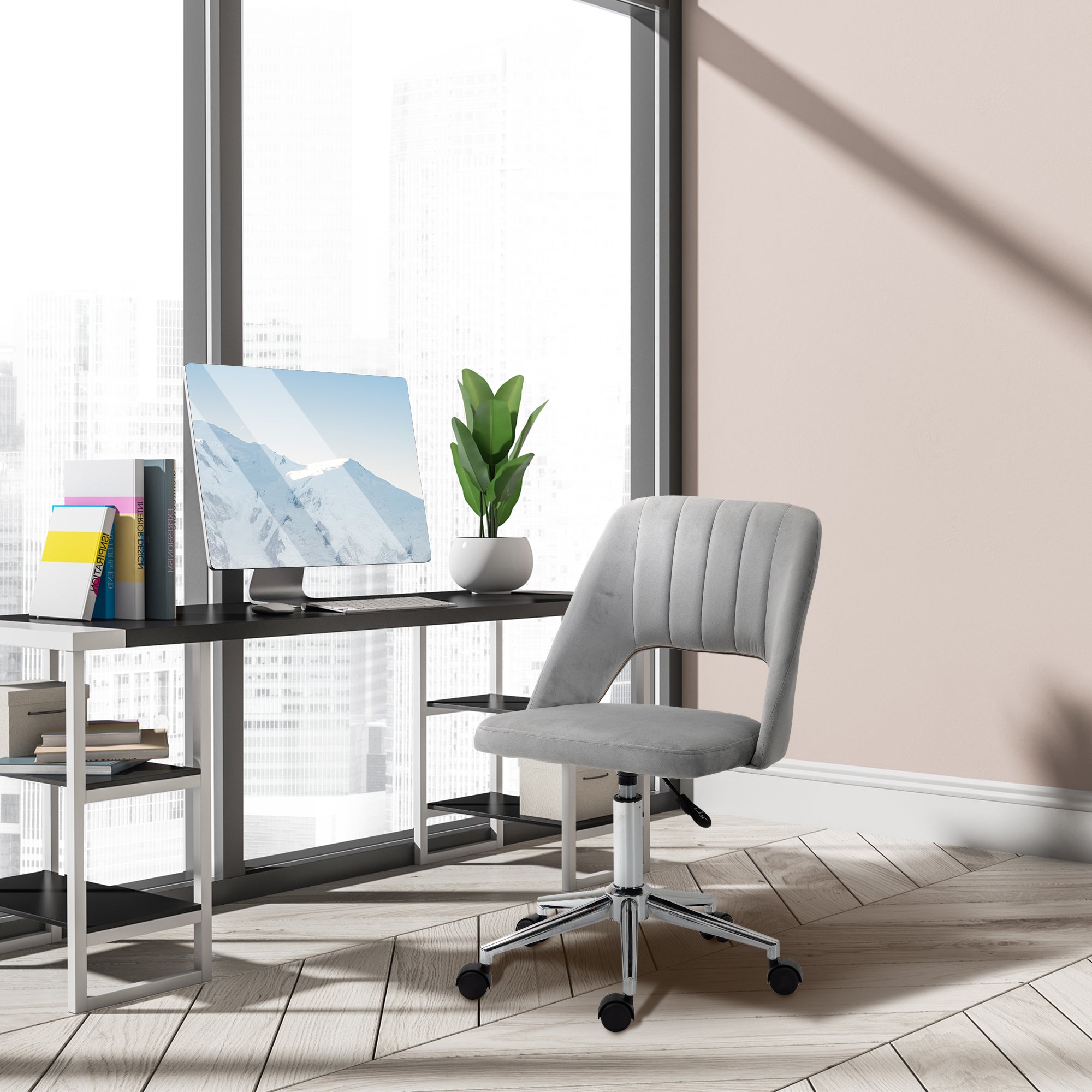 Vinsetto Ergonomic Swivel Chair: Plush Velvet Upholstery, Scalloped Backrest & 360° Mobility for Comfortable Computing, Grey 