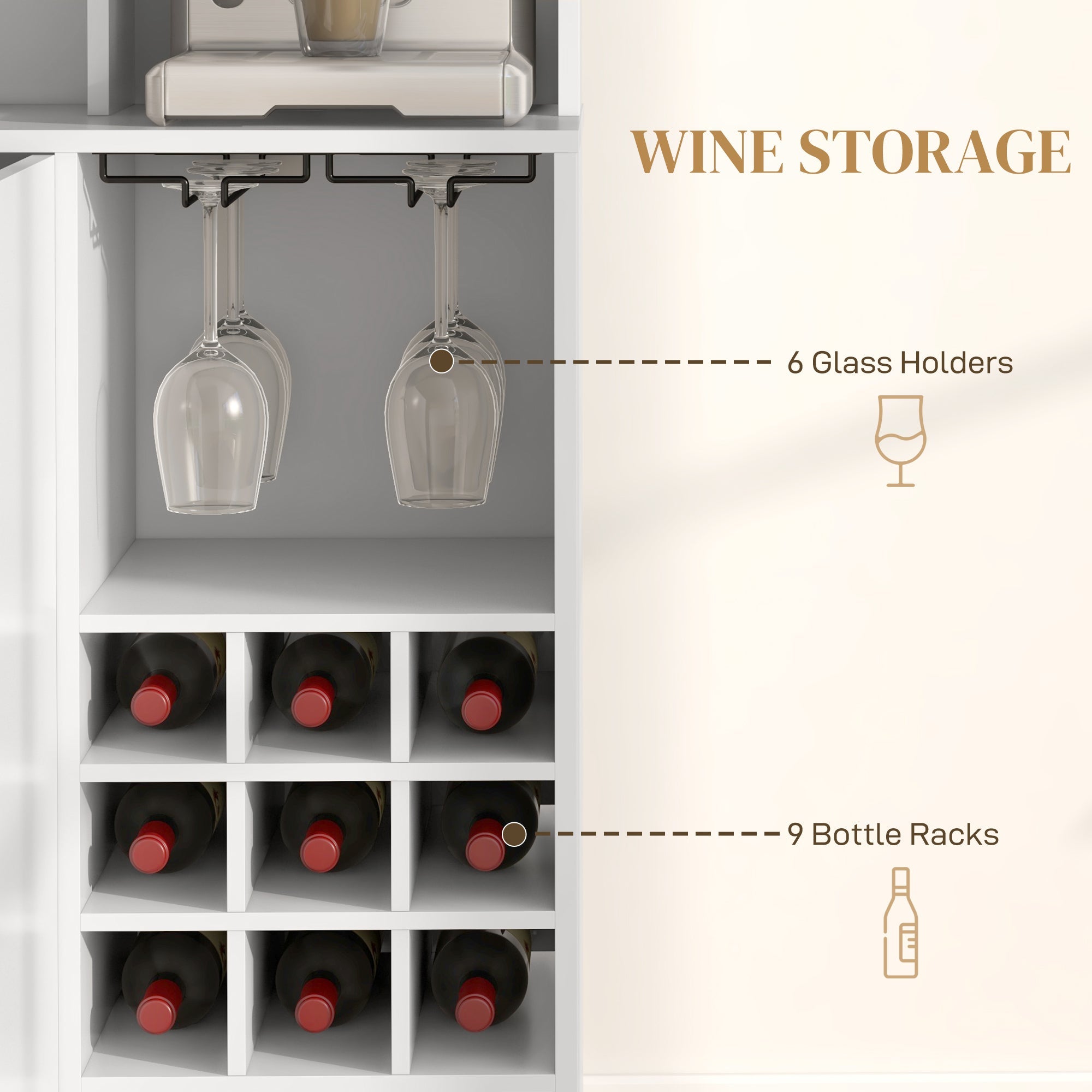 HOMCOM Coffee Bar Cabinet Kitchen Hutch Wine Storage Microwave Countertop Drawer Tempered Glass Doors White Stylish Versatile Furniture 