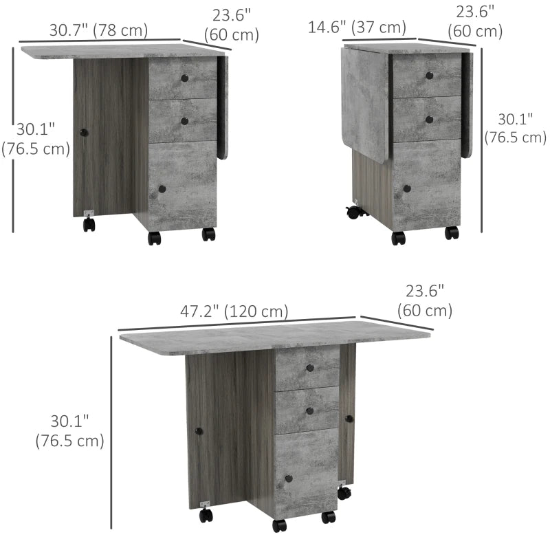 Drop Leaf Dining Table, Mobile Folding Table on Wheels with Drawers and Cabinet for Dining Room, Kitchen, Grey