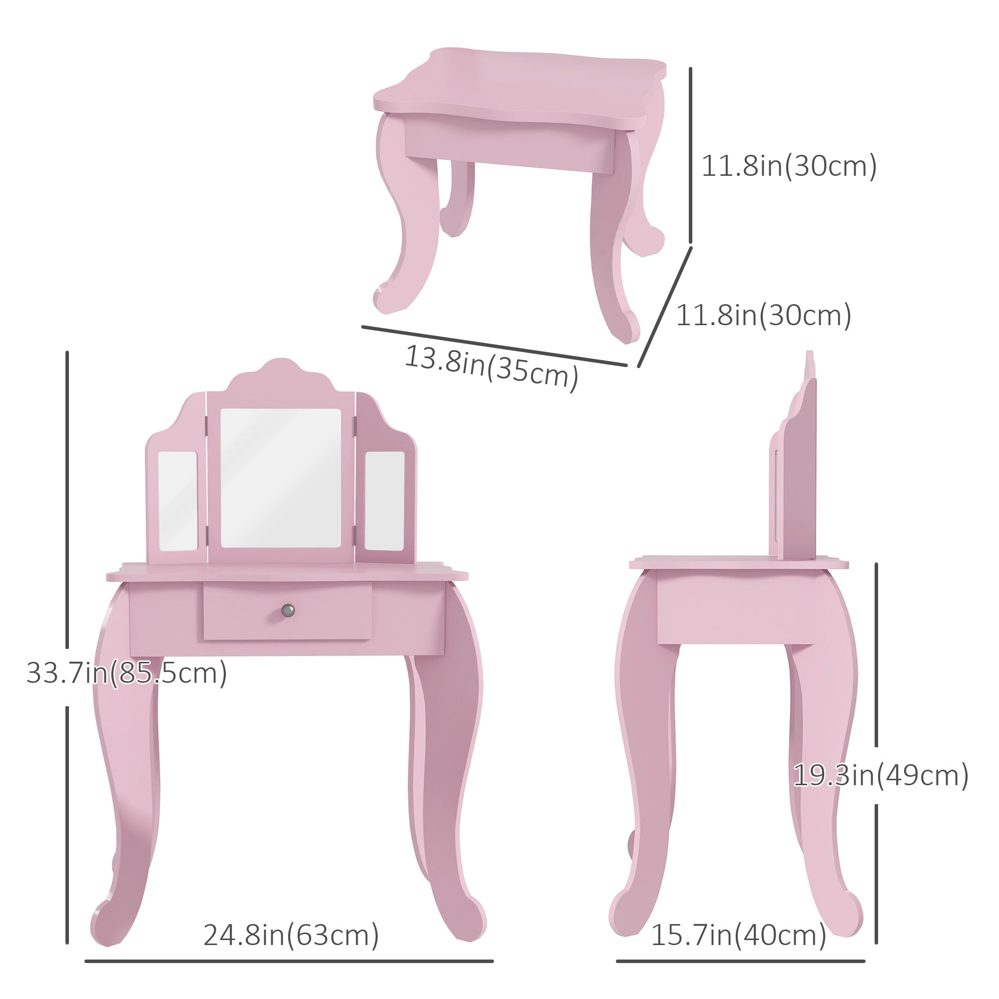 Qaba Star Heart Vanity Table: Tri-Fold Mirror, Drawer, Makeup Desk & Stool for Girls, Pink 